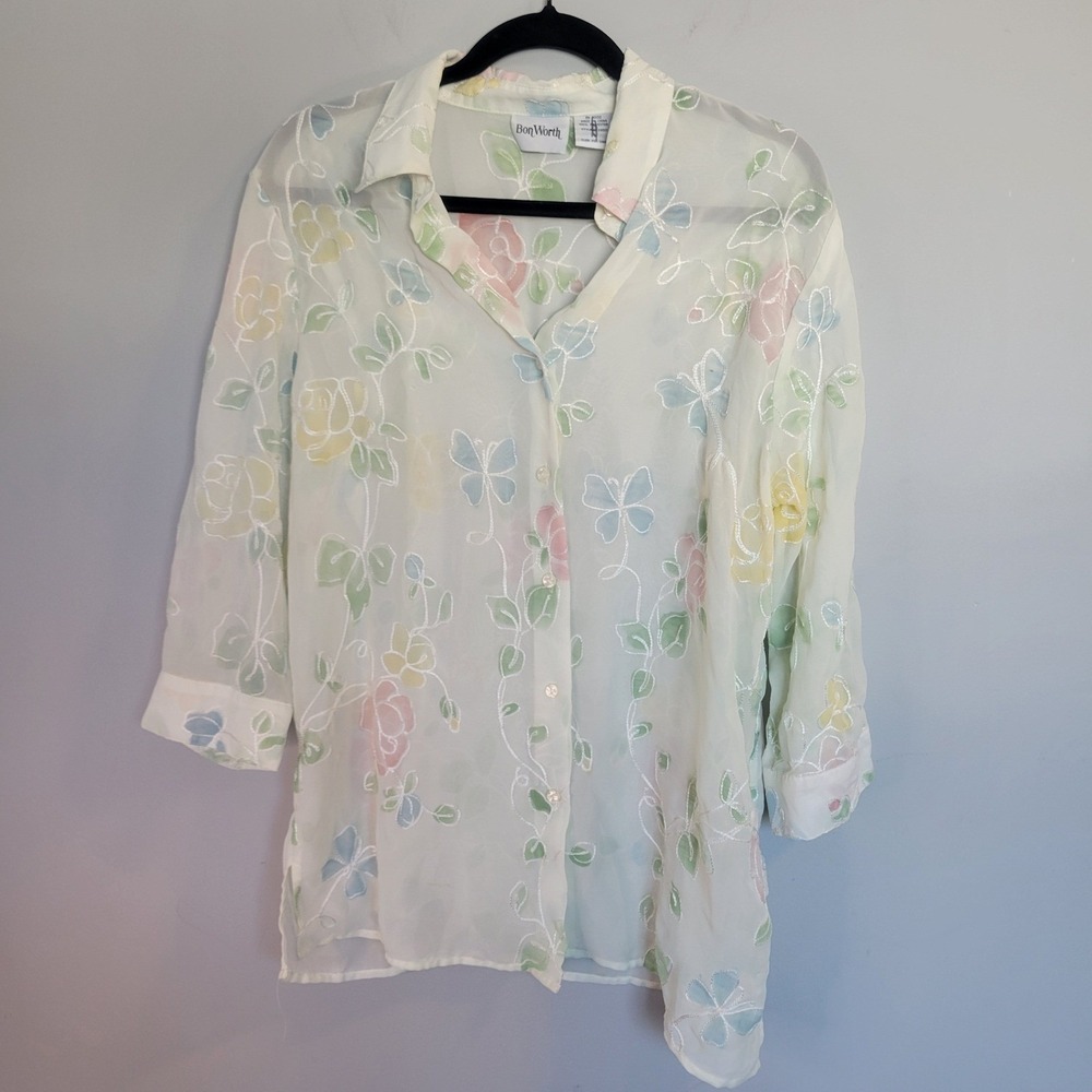 BonWorth Womens Sheer Floral Butterfly Embroidered Blouse Pastel Ivory S